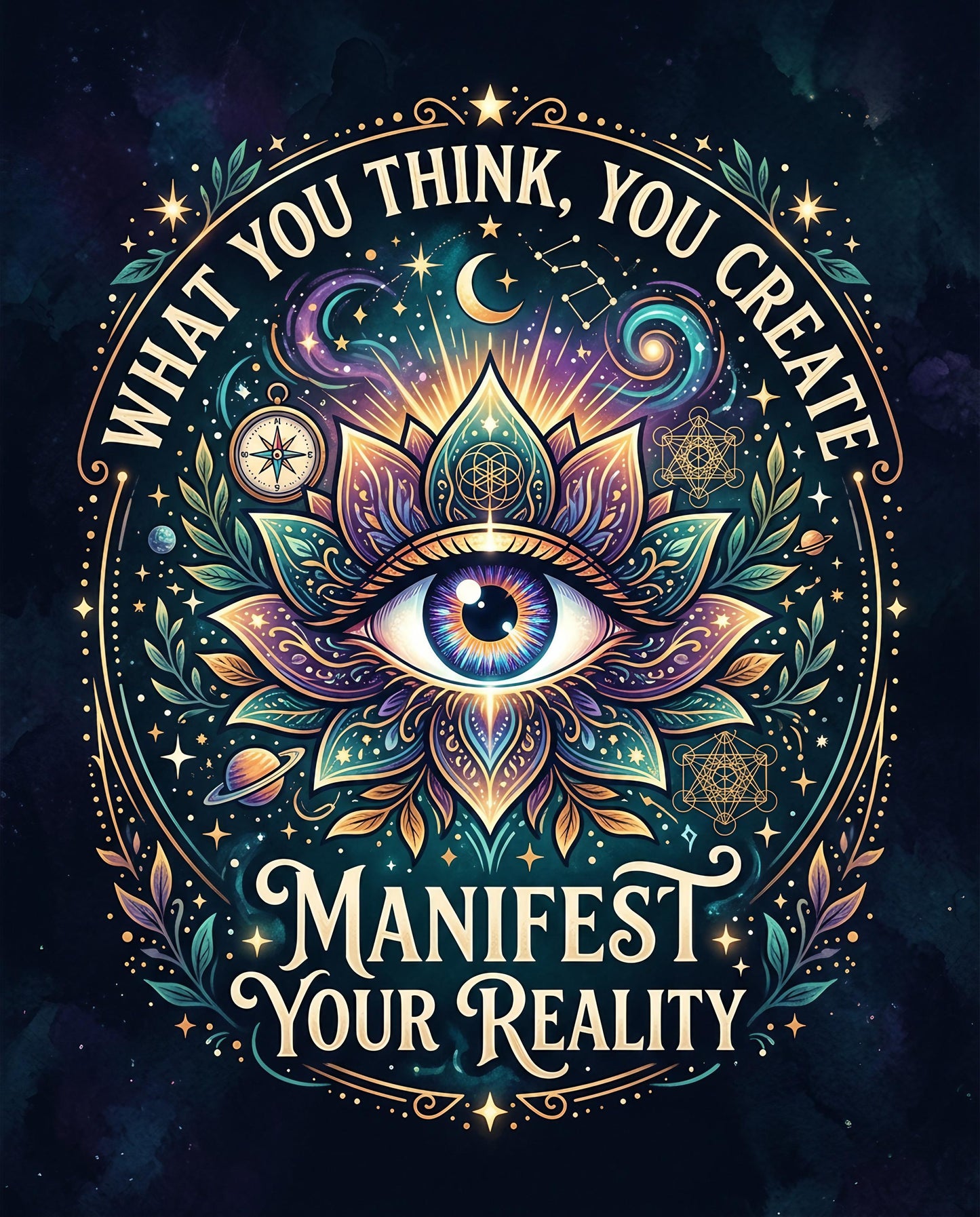 Eye within a lotus, surrounded by celestial and cosmic designs, with text "WHAT YOU THINK, YOU CREATE MANIFEST YOUR REALITY".