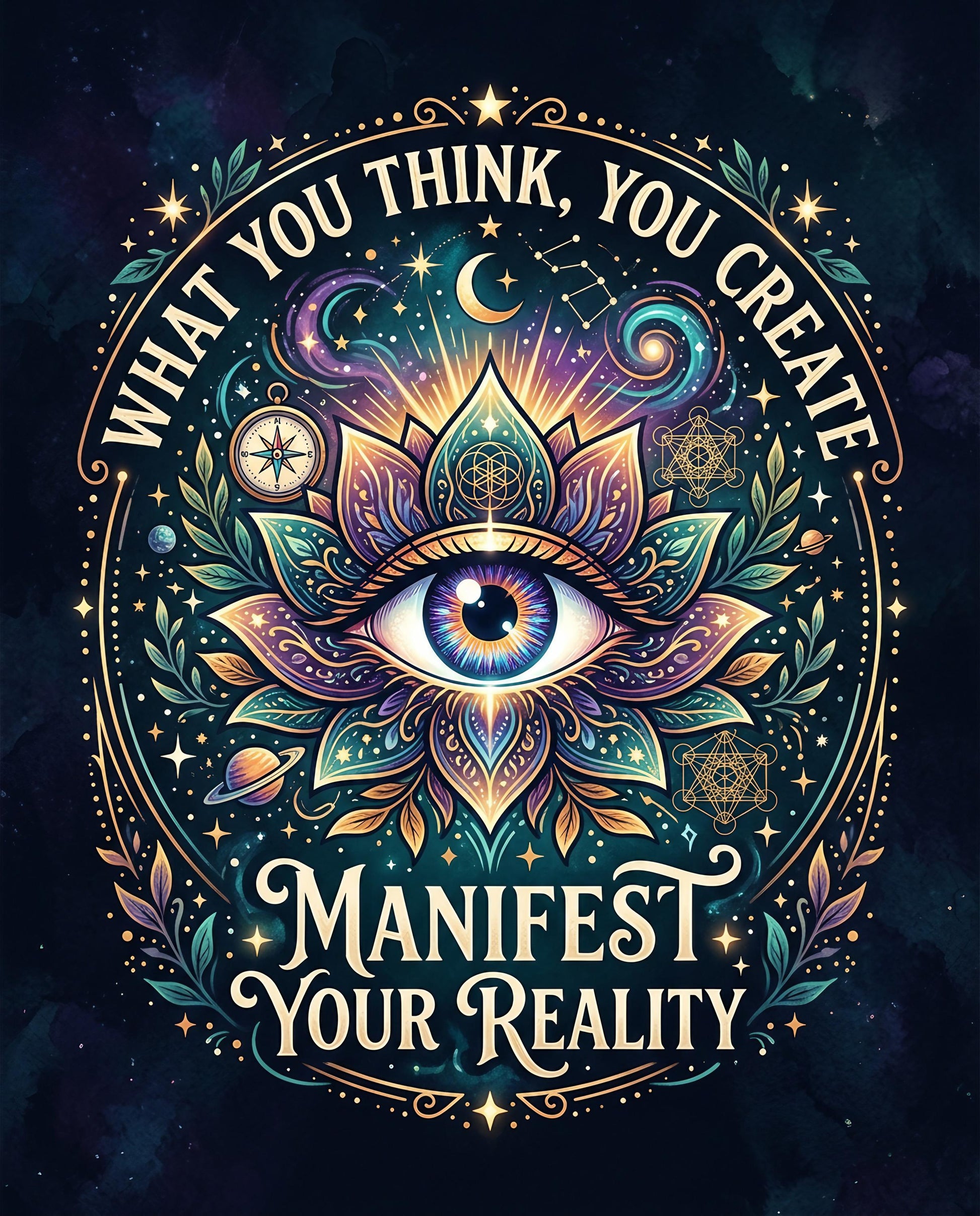 Eye within a lotus, surrounded by celestial and cosmic designs, with text "WHAT YOU THINK, YOU CREATE MANIFEST YOUR REALITY".