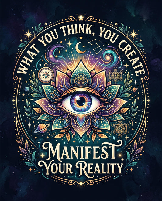 Eye within a lotus, surrounded by celestial and cosmic designs, with text "WHAT YOU THINK, YOU CREATE MANIFEST YOUR REALITY".