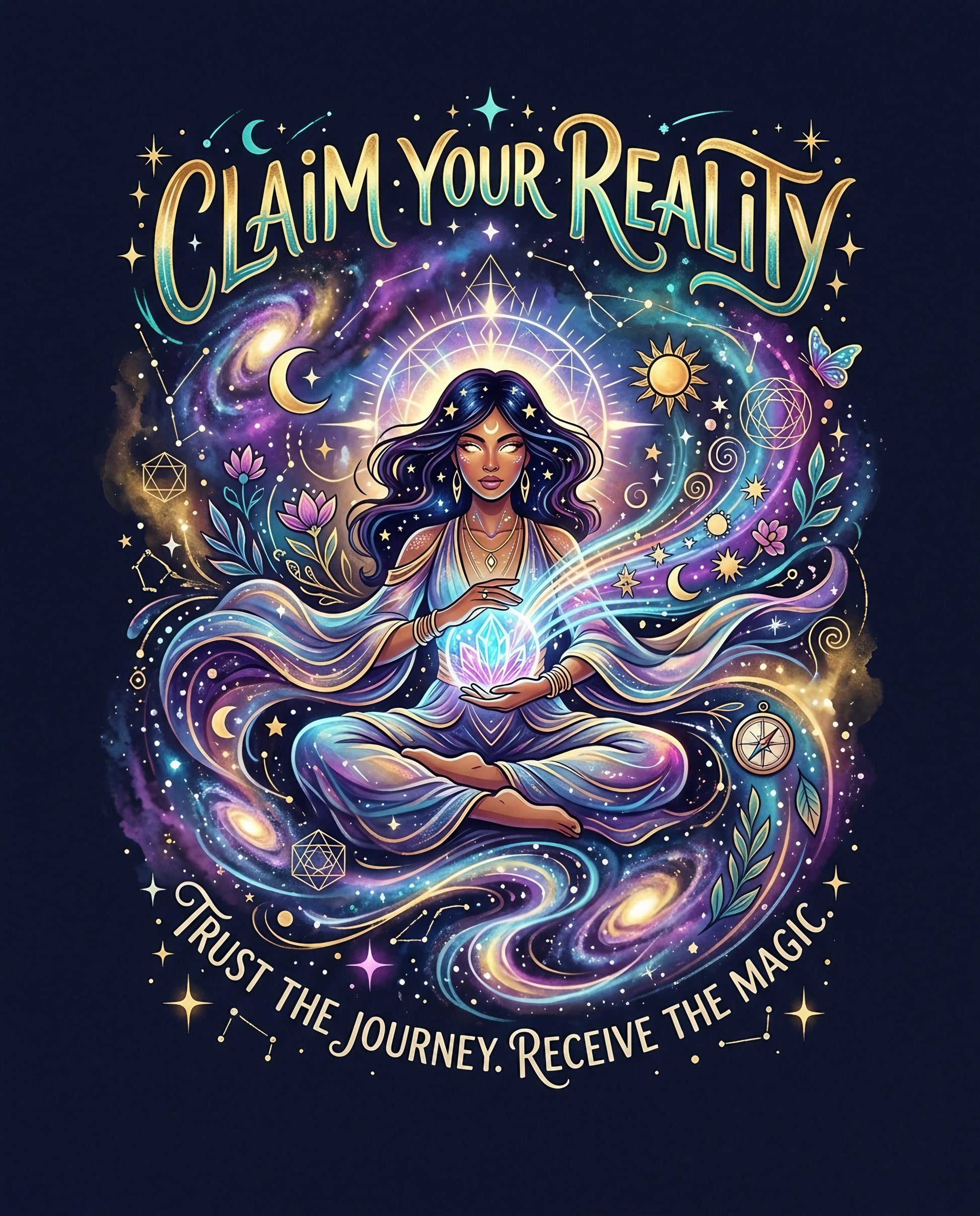 Woman meditating surrounded by cosmic patterns, text "Claim Your Reality, Trust The Journey. Receive The Magic."