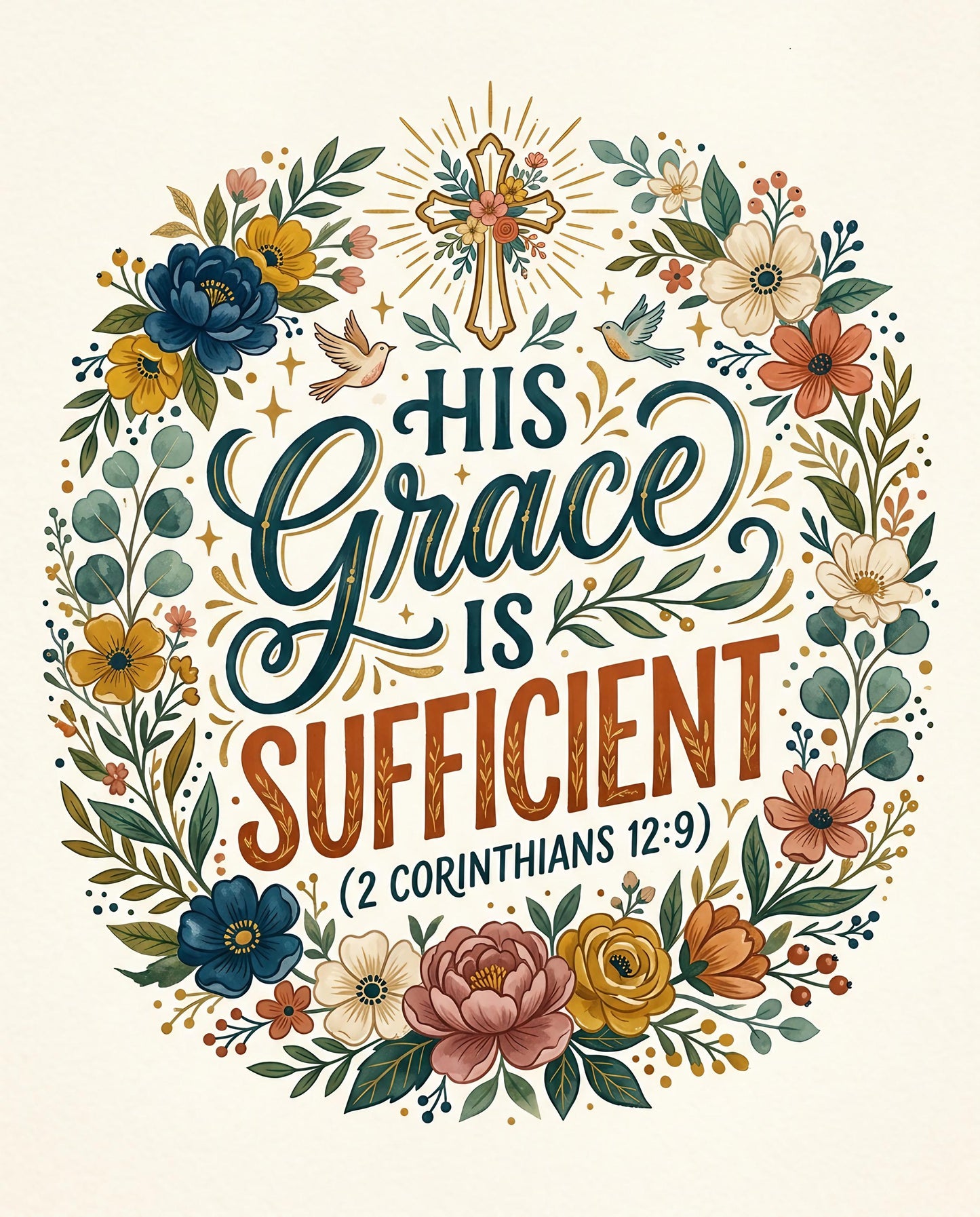 "His Grace is Sufficient" bible verse with floral border and cross.