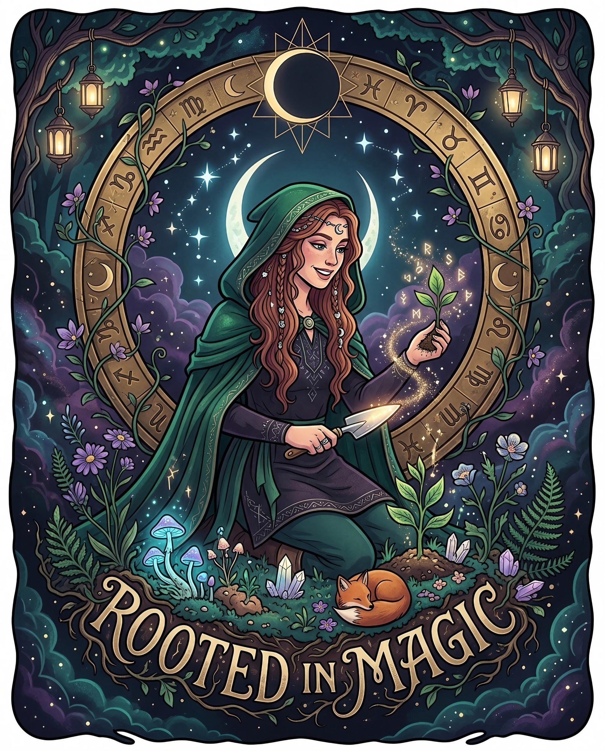 Woman with a shovel plants a seedling under a zodiac circle with a fox.