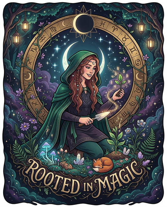 Woman with a shovel plants a seedling under a zodiac circle with a fox.