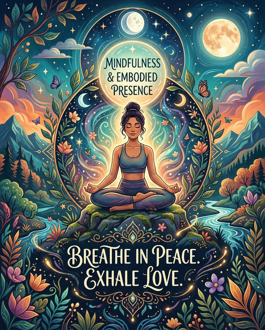 Woman meditates with "Mindfulness & Embodied Presence" and "Breathe In Peace. Exhale Love."
